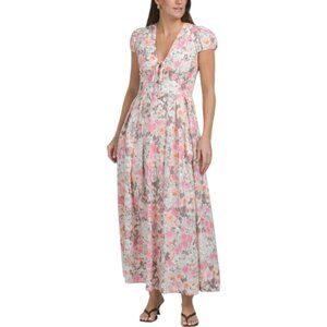 AVEC LES FILLES Linen Blend Fit And Flare Tie Front Maxi Dress
